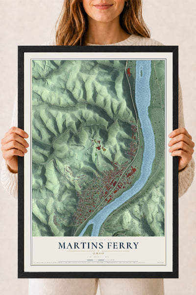 Map of Martins Ferry, Ohio, 18 x 24 inch print in a black wood frame
