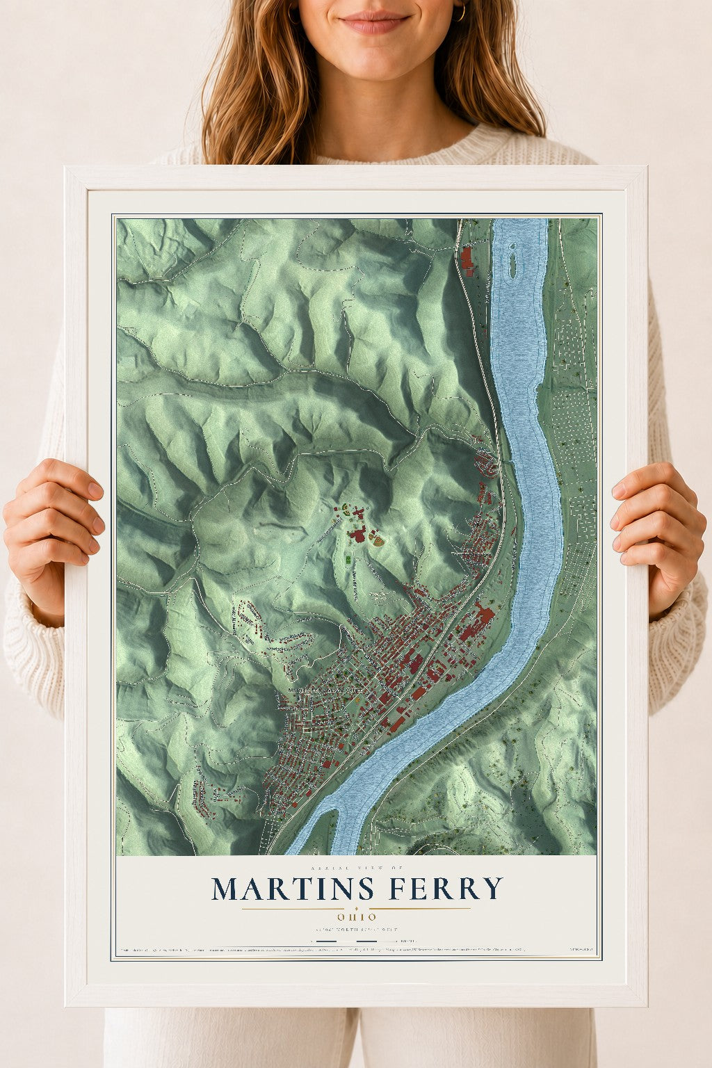 Map of Martins Ferry, Ohio, 18 x 24 inch print in a white wood frame