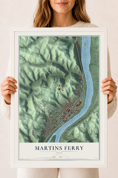 Map of Martins Ferry, Ohio, 18 x 24 inch print in a white wood frame