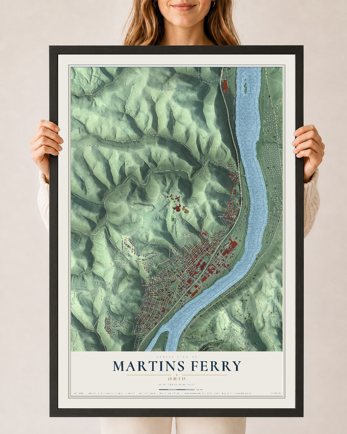 Map of Martins Ferry, Ohio, 24 x 36 inch print in a black wood frame