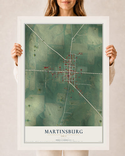 Map of Martinsburg, Ohio, 24 x 36 inch print in a white wood frame