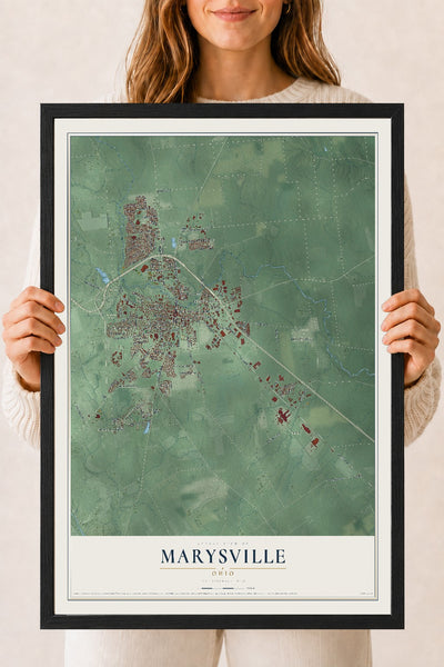 Map of Marysville, Ohio, 18 x 24 inch print in a black wood frame
