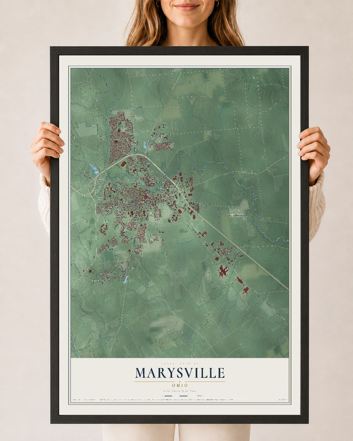 Map of Marysville, Ohio, 24 x 36 inch print in a black wood frame