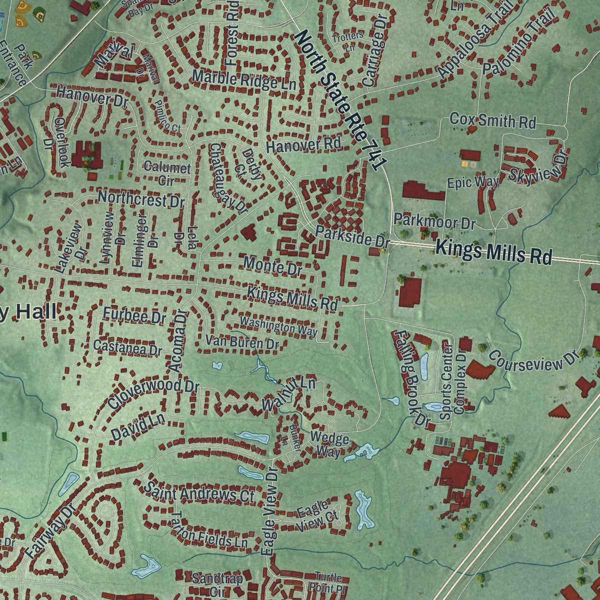 Second close-up of the map of Mason, Ohio print showing more streets and buildings