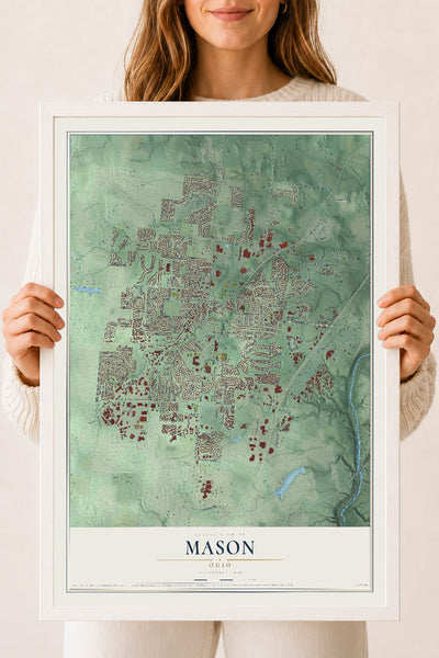 Map of Mason, Ohio, 18 x 24 inch print in a white wood frame