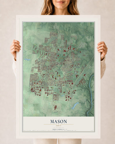 Map of Mason, Ohio, 24 x 36 inch print in a white wood frame