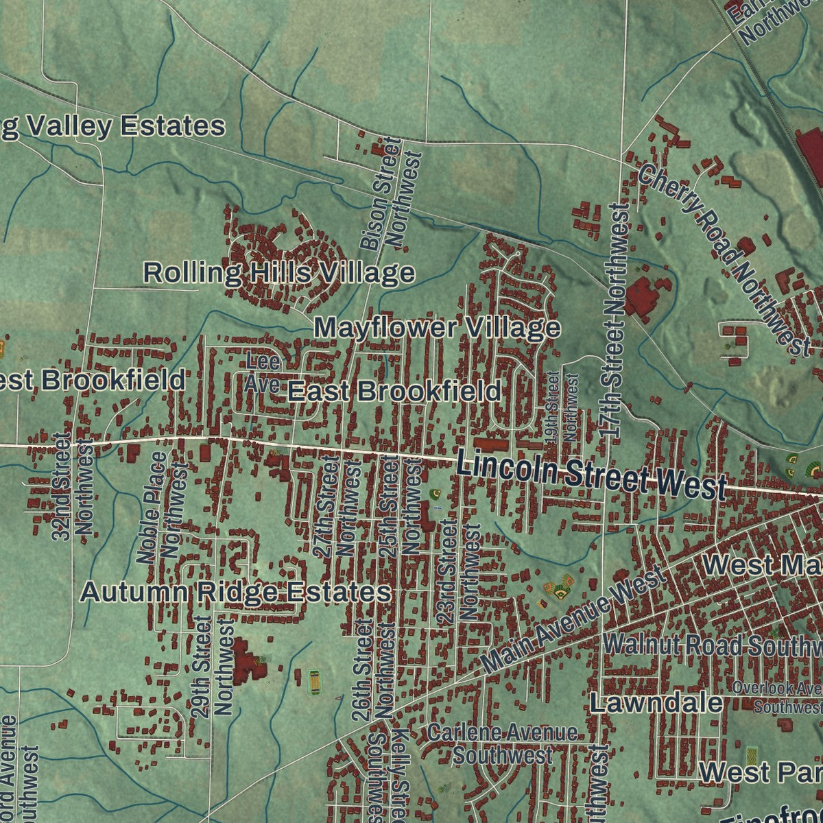 Second close-up of the map of Massillon, Ohio print showing more streets and buildings