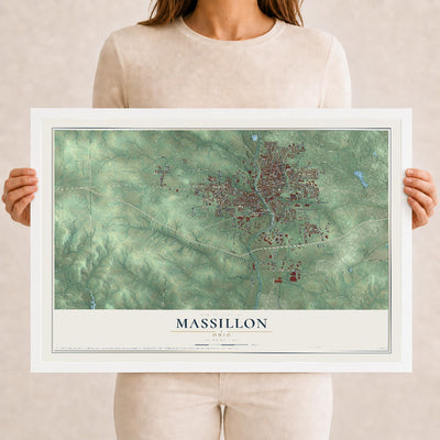 Map of Massillon, Ohio, 12 x 18 inch print in a white wood frame