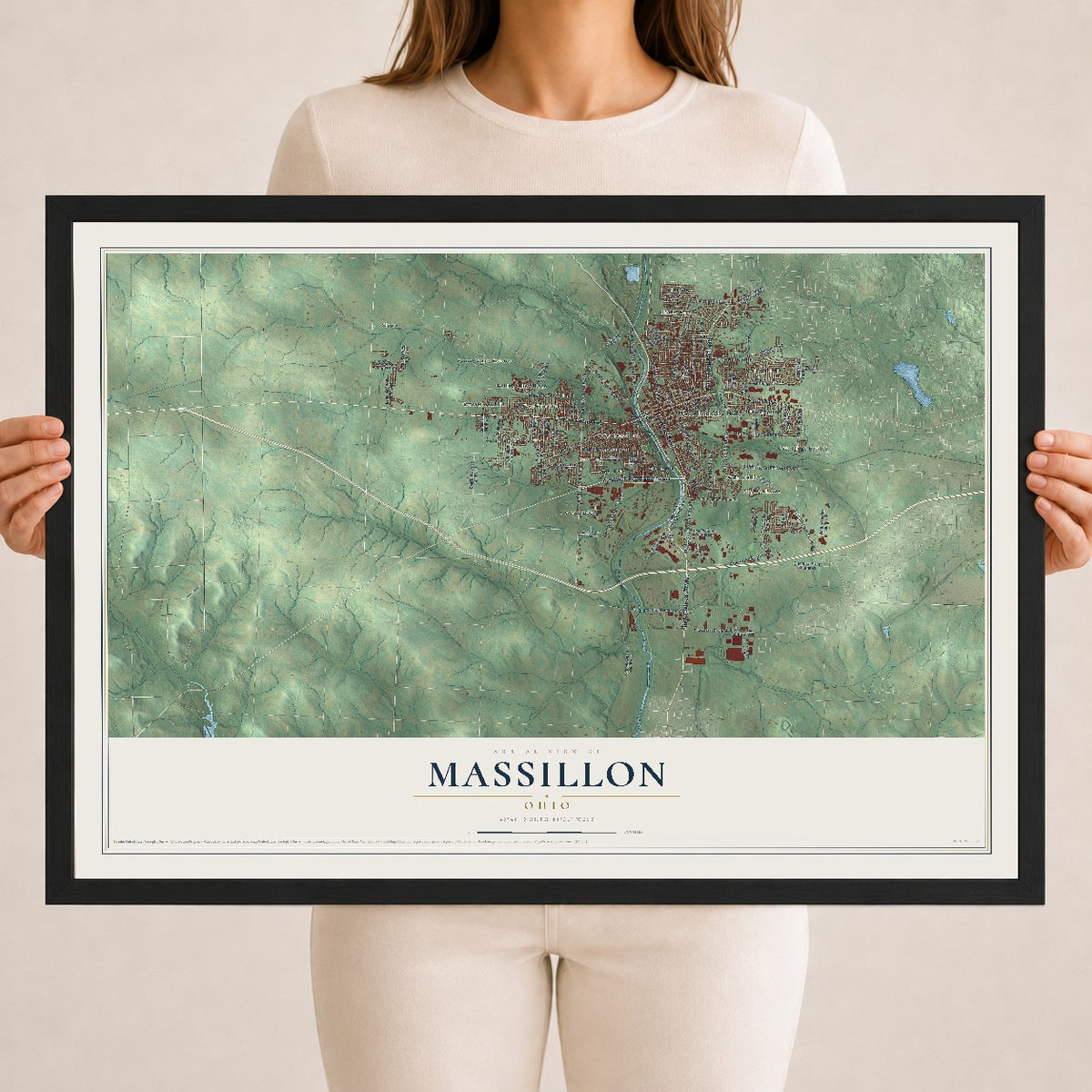 Map of Massillon, Ohio, 18 x 24 inch print in a black wood frame