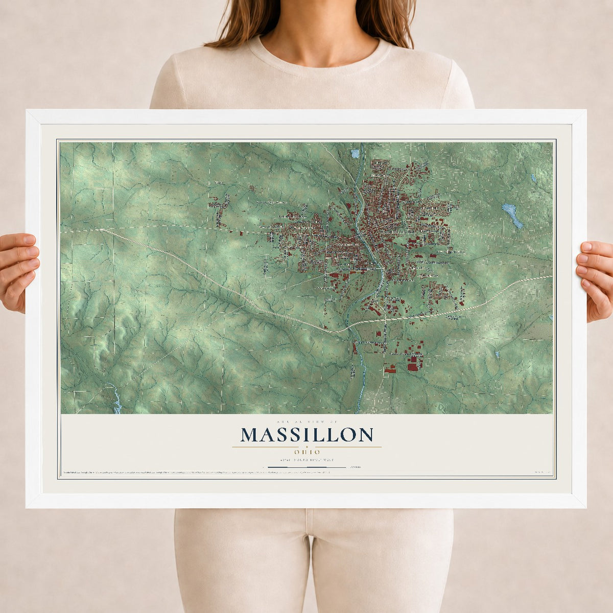 Map of Massillon, Ohio, 18 x 24 inch print in a white wood frame