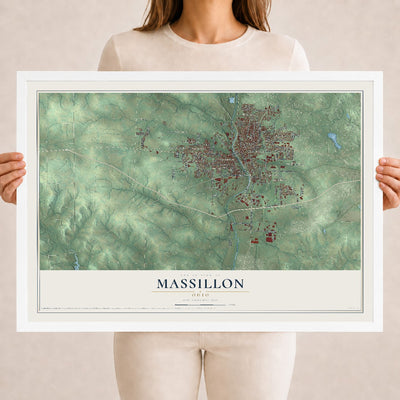 Map of Massillon, Ohio, 18 x 24 inch print in a white wood frame