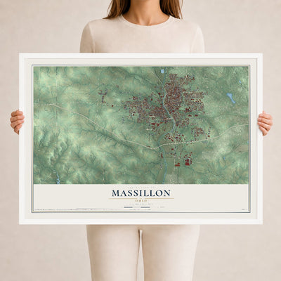 Map of Massillon, Ohio, 24 x 36 inch print in a white wood frame