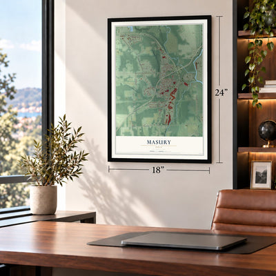 Masury, Ohio map, 18 x 24 inch print in a black frame in a home office