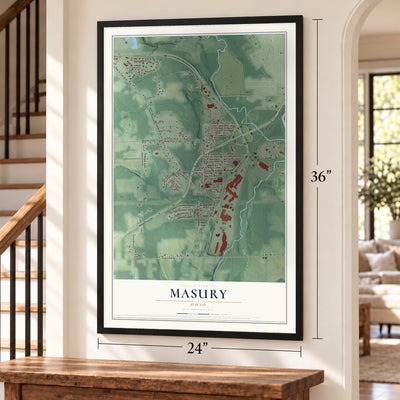 Masury, Ohio map, 24 x 36 inch print in a black frame by a staircase