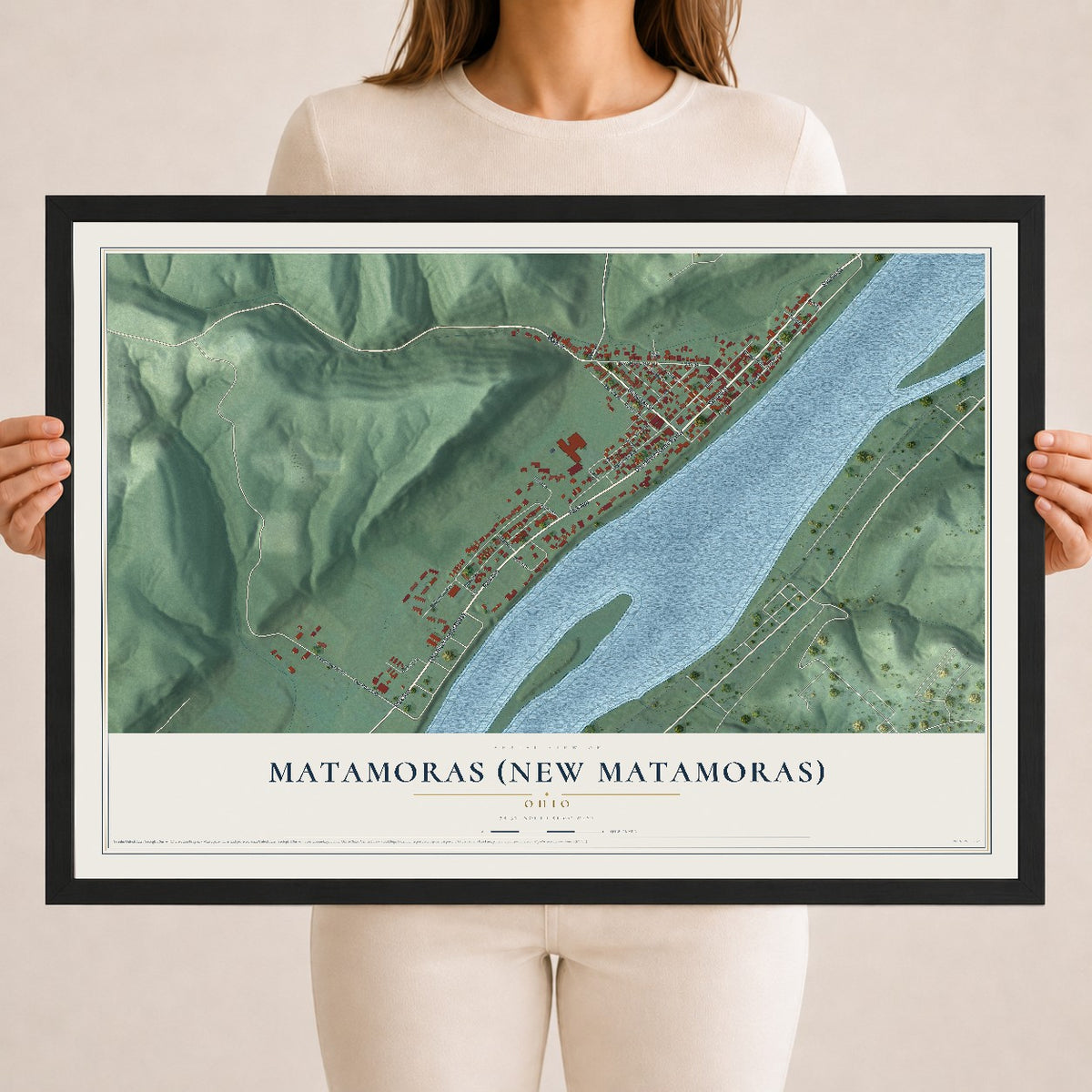 Map of Matamoras (New Matamoras), Ohio, 18 x 24 inch print in a black wood frame