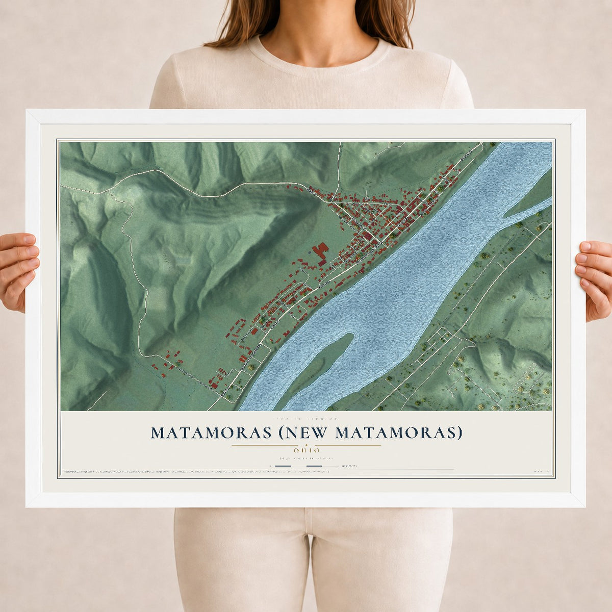 Map of Matamoras (New Matamoras), Ohio, 18 x 24 inch print in a white wood frame