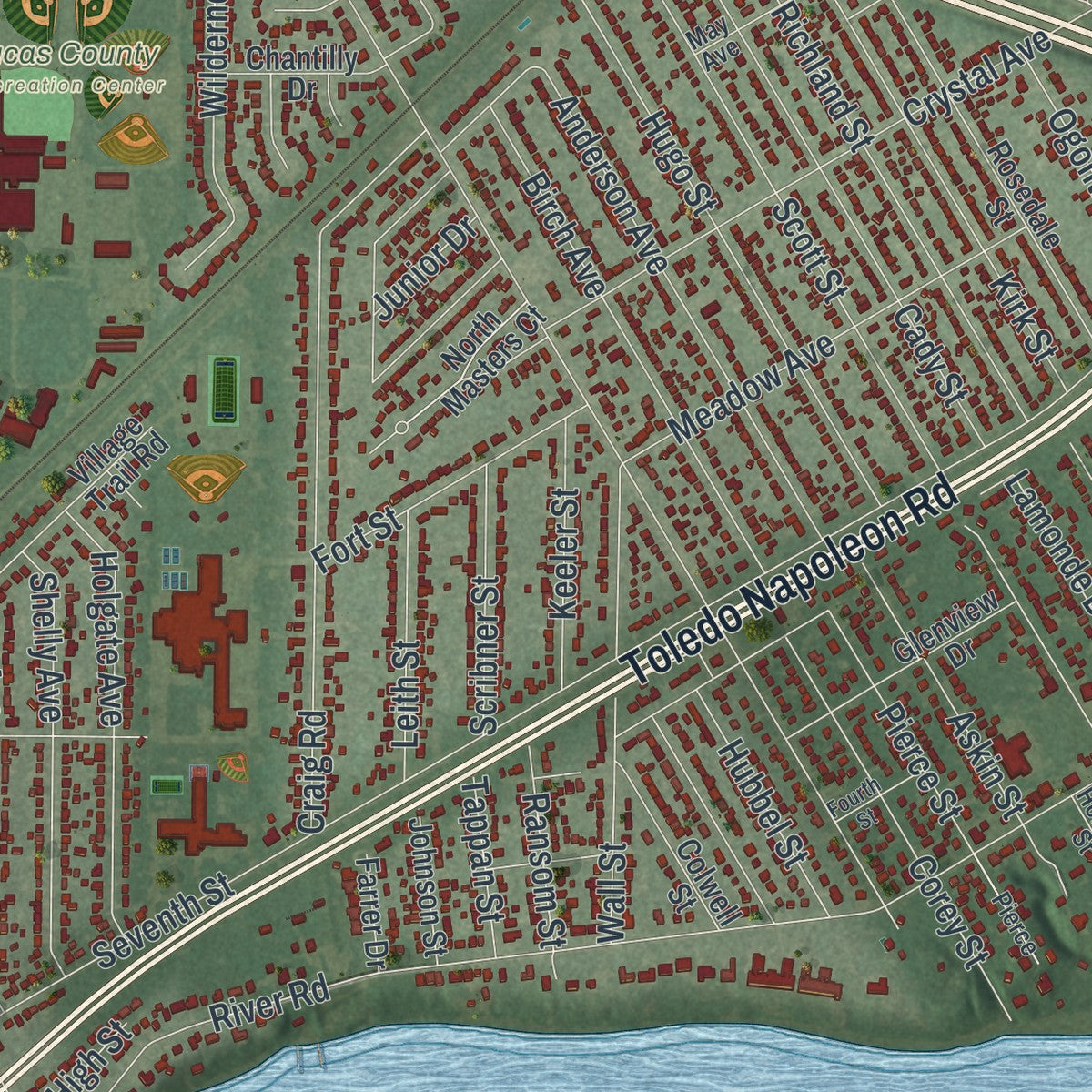 Close-up of the map of Maumee, Ohio print showing street and building detail