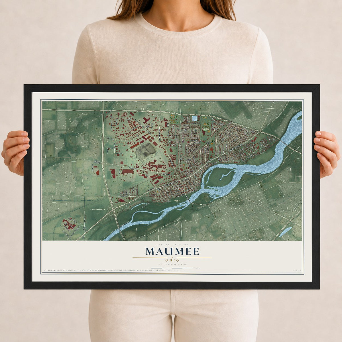 Map of Maumee, Ohio, 12 x 18 inch print in a black wood frame