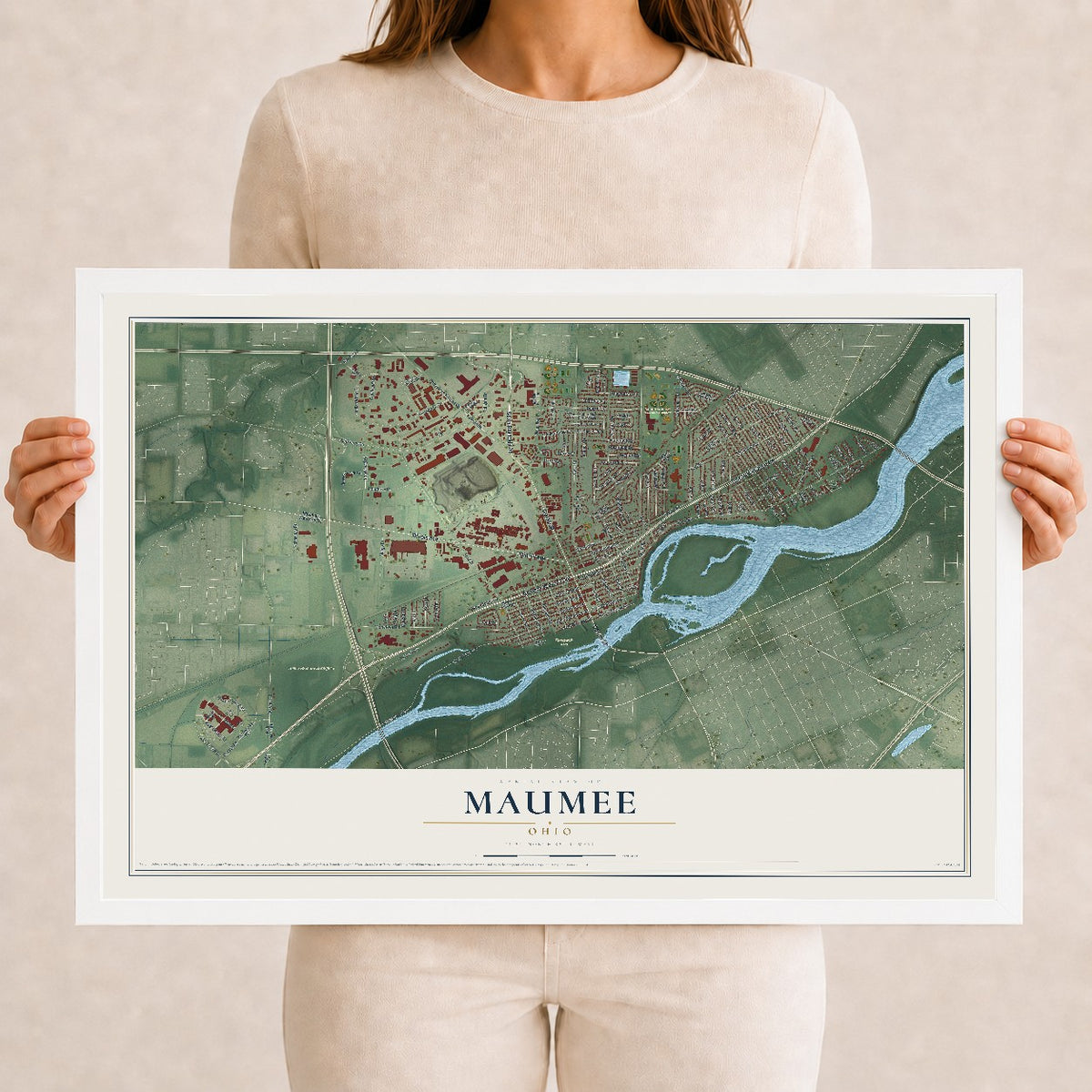 Map of Maumee, Ohio, 12 x 18 inch print in a white wood frame