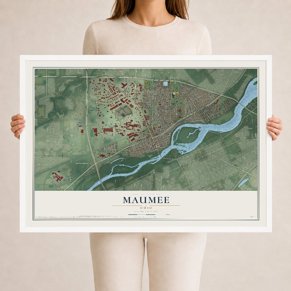 Map of Maumee, Ohio, 24 x 36 inch print in a white wood frame