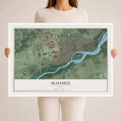 Map of Maumee, Ohio, 24 x 36 inch print in a white wood frame