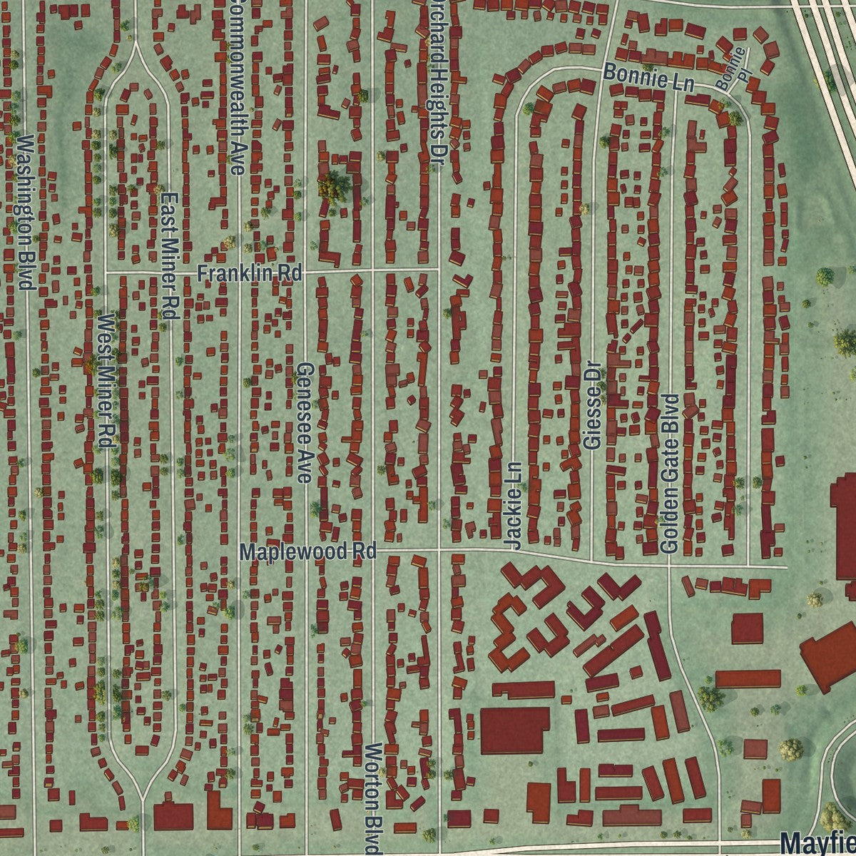Close-up of the map of Mayfield Heights, Ohio print showing street and building detail