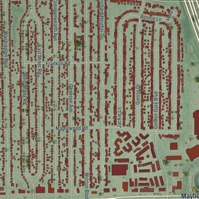 Close-up of the map of Mayfield Heights, Ohio print showing street and building detail