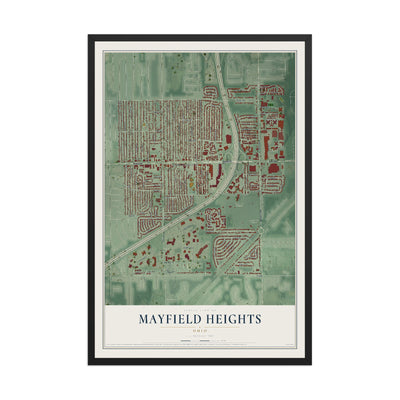 Map of Mayfield Heights, Ohio, 12 x 18 inch print in a black wood frame