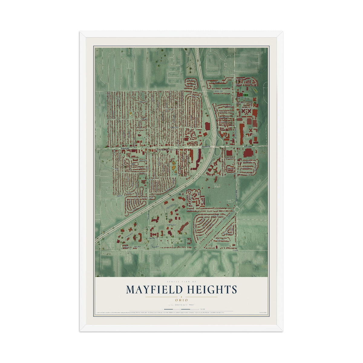 Map of Mayfield Heights, Ohio, 12 x 18 inch print in a white wood frame