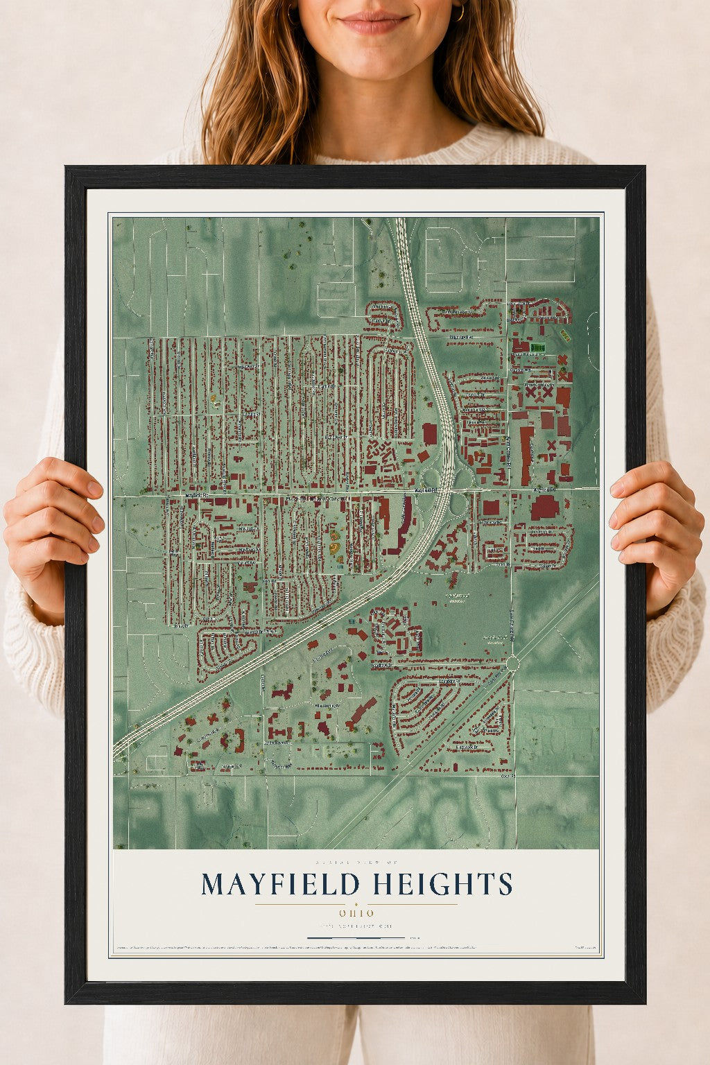 Map of Mayfield Heights, Ohio, 18 x 24 inch print in a black wood frame