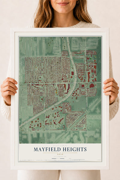 Map of Mayfield Heights, Ohio, 18 x 24 inch print in a white wood frame