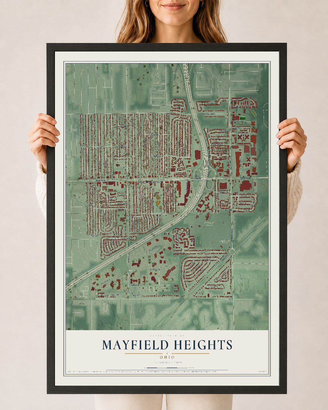 Map of Mayfield Heights, Ohio, 24 x 36 inch print in a black wood frame