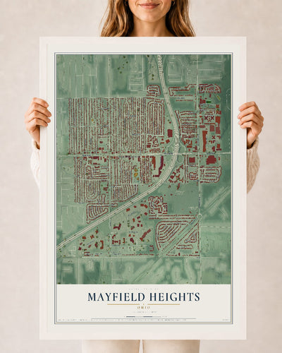 Map of Mayfield Heights, Ohio, 24 x 36 inch print in a white wood frame