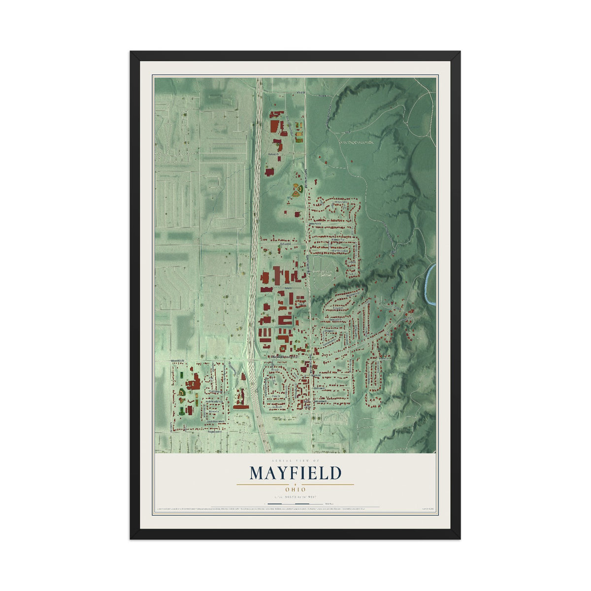 Map of Mayfield, Ohio, 12 x 18 inch print in a black wood frame