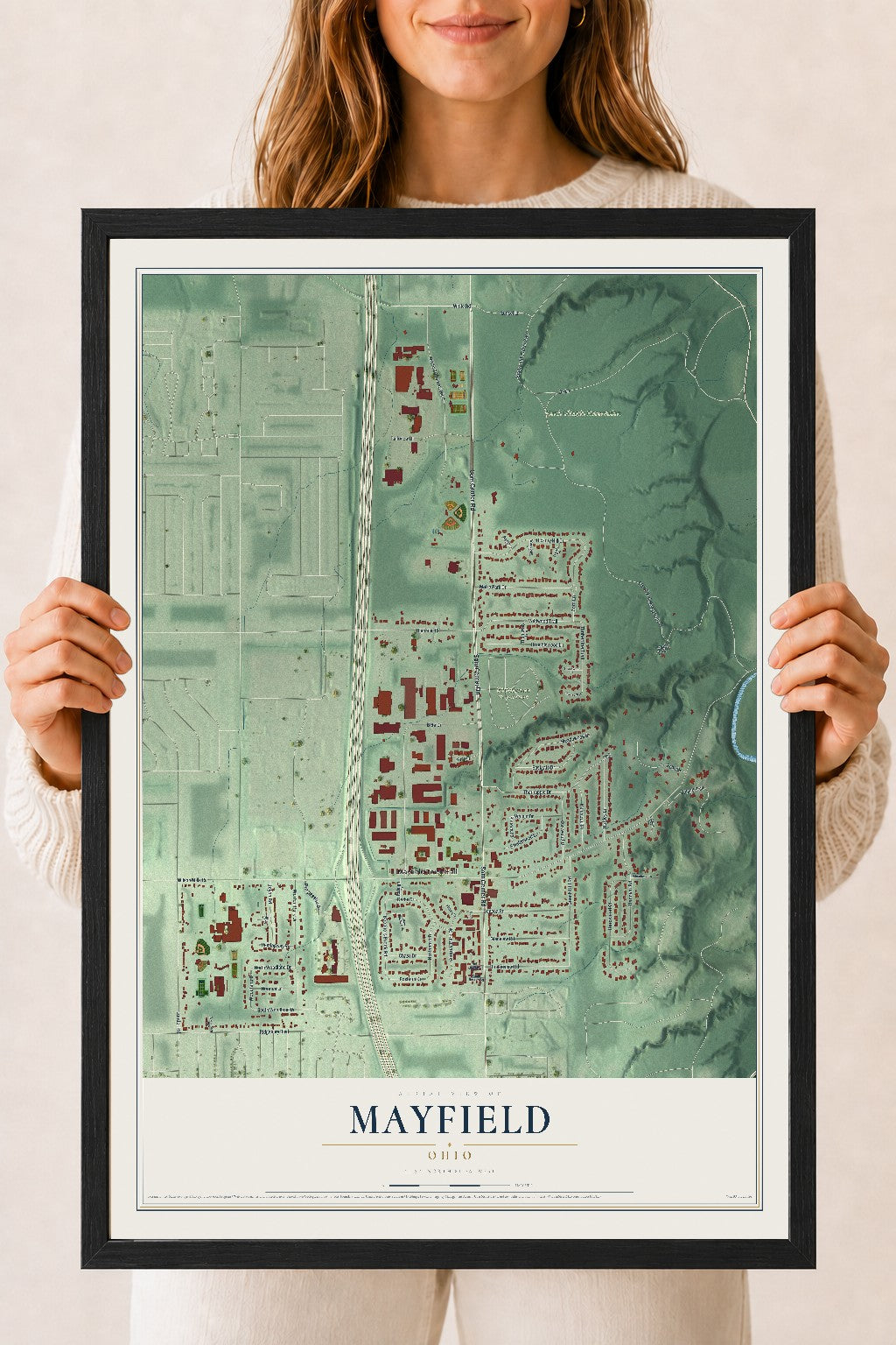 Map of Mayfield, Ohio, 18 x 24 inch print in a black wood frame