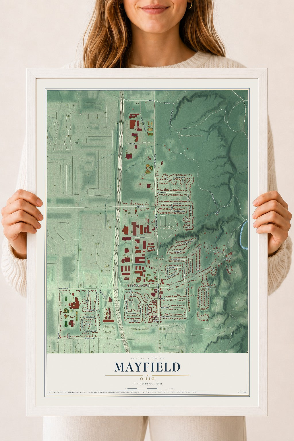 Map of Mayfield, Ohio, 18 x 24 inch print in a white wood frame