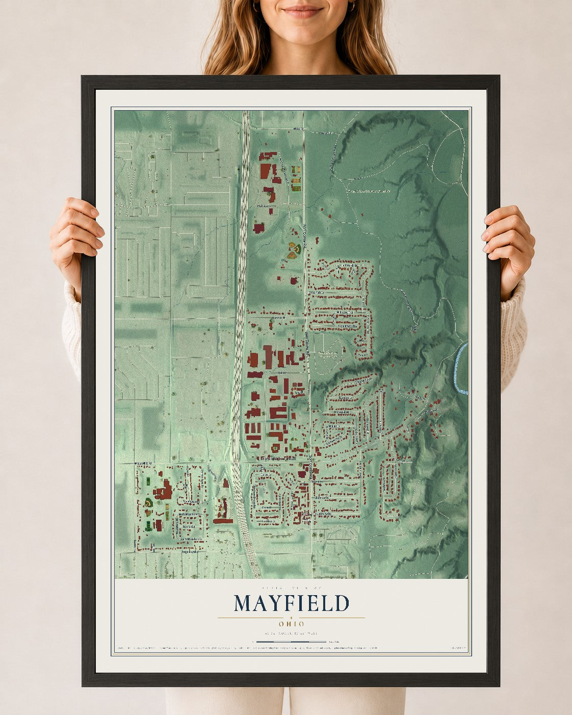 Map of Mayfield, Ohio, 24 x 36 inch print in a black wood frame