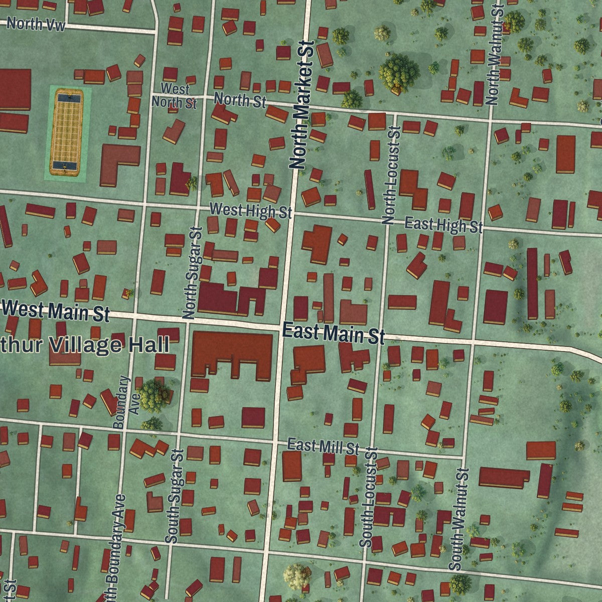 Close-up of the map of McArthur, Ohio print showing street and building detail