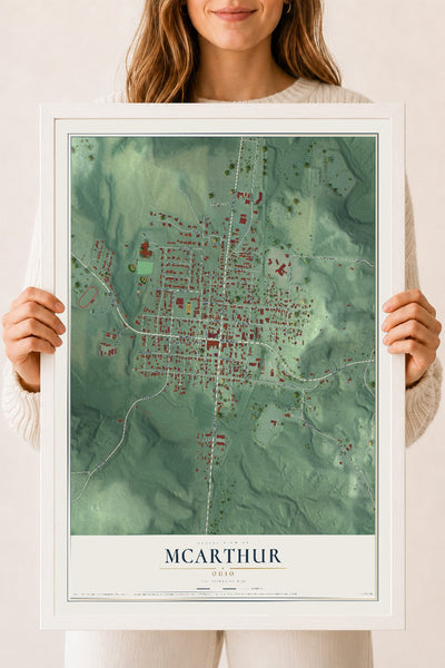 Map of McArthur, Ohio, 18 x 24 inch print in a white wood frame