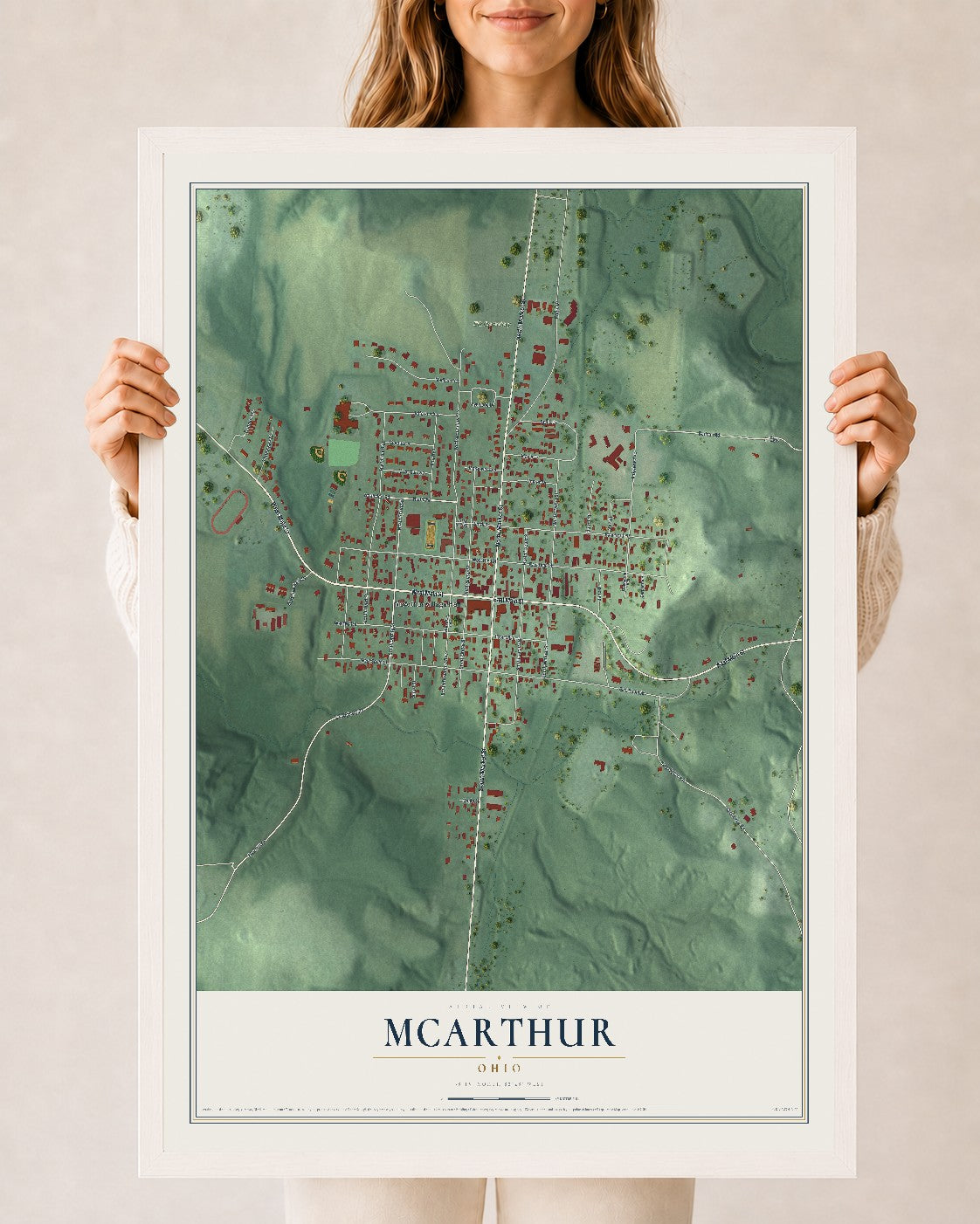 Map of McArthur, Ohio, 24 x 36 inch print in a white wood frame