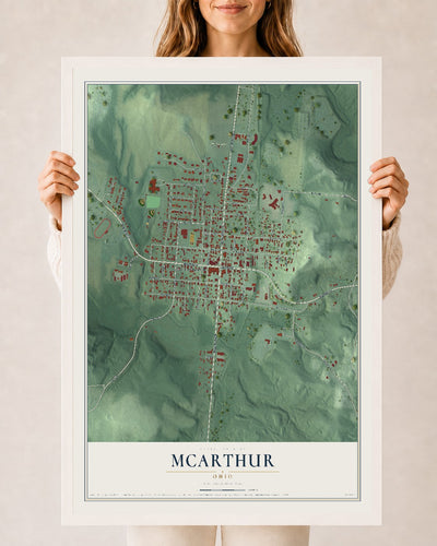 Map of McArthur, Ohio, 24 x 36 inch print in a white wood frame
