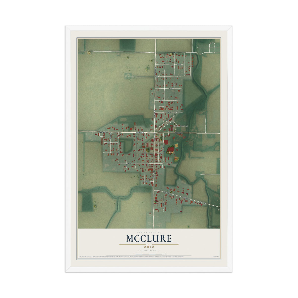 Map of McClure, Ohio, 12 x 18 inch print in a white wood frame