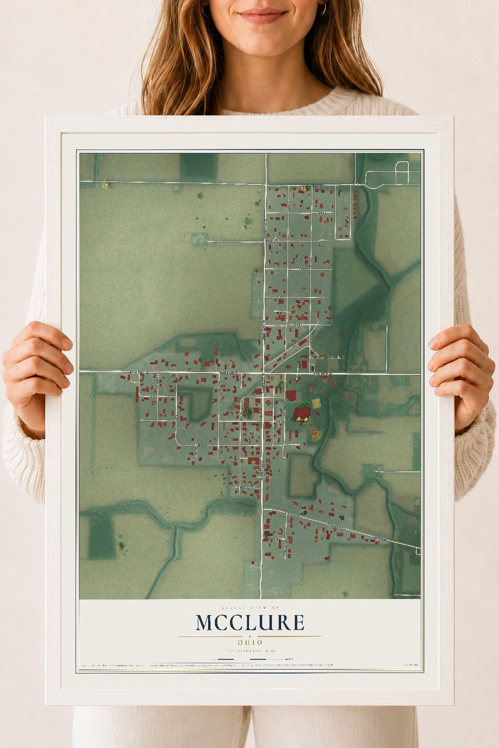 Map of McClure, Ohio, 18 x 24 inch print in a white wood frame
