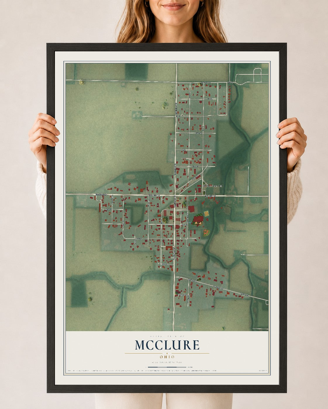Map of McClure, Ohio, 24 x 36 inch print in a black wood frame