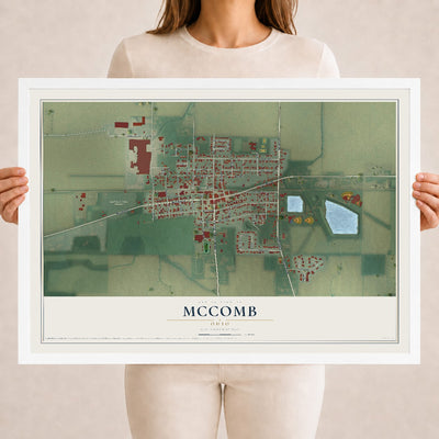 Map of McComb, Ohio, 18 x 24 inch print in a white wood frame