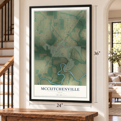 McCutchenville, Ohio map, 24 x 36 inch print in a black frame by a staircase