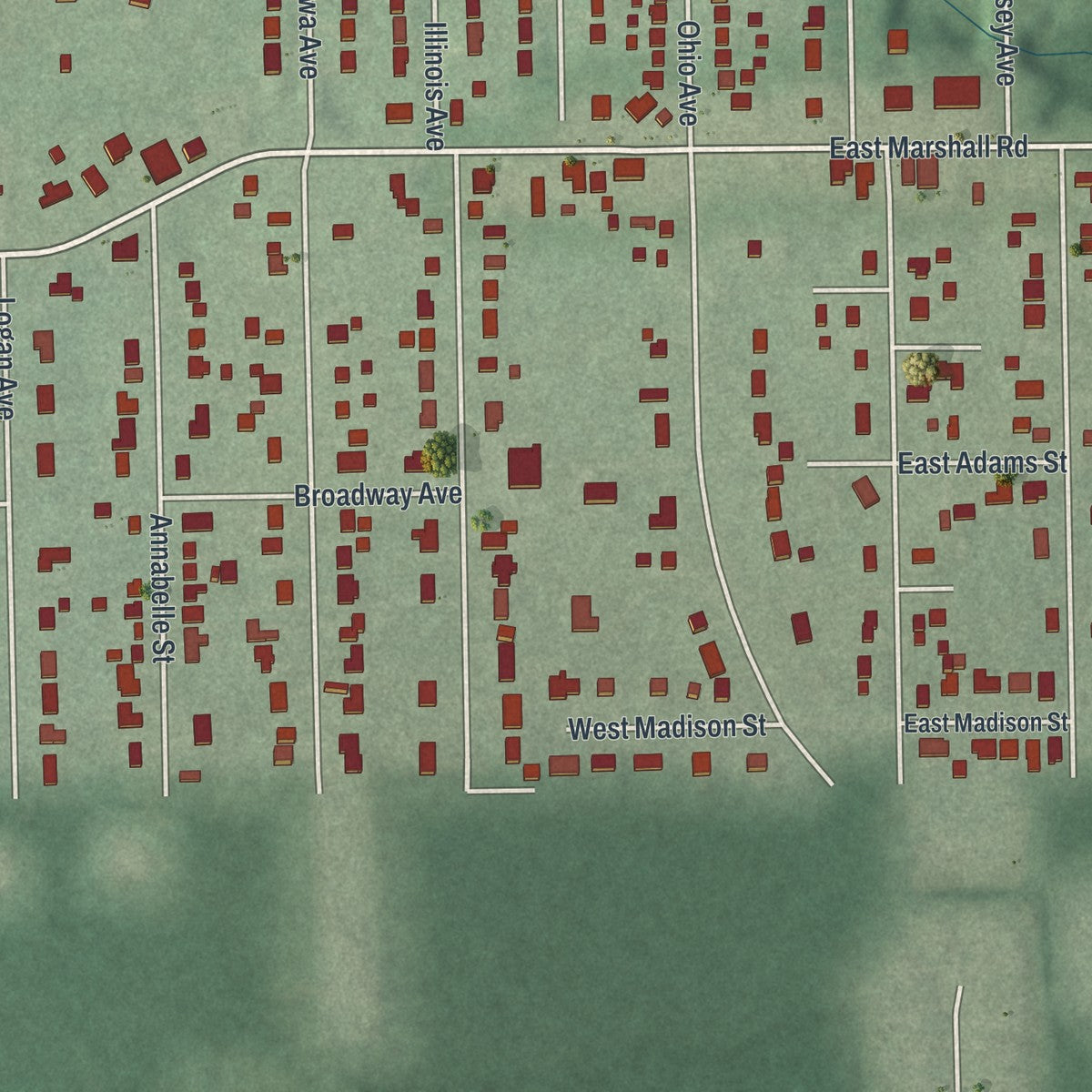 Second close-up of the map of McDonald, Ohio print showing more streets and buildings