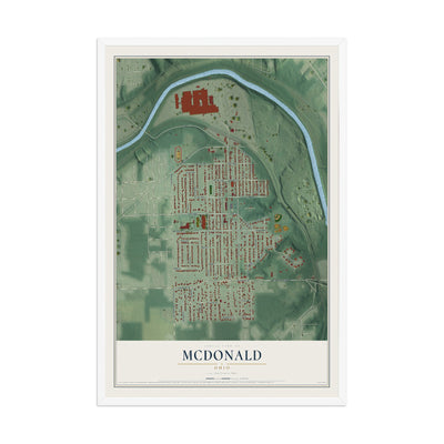 Map of McDonald, Ohio, 12 x 18 inch print in a white wood frame