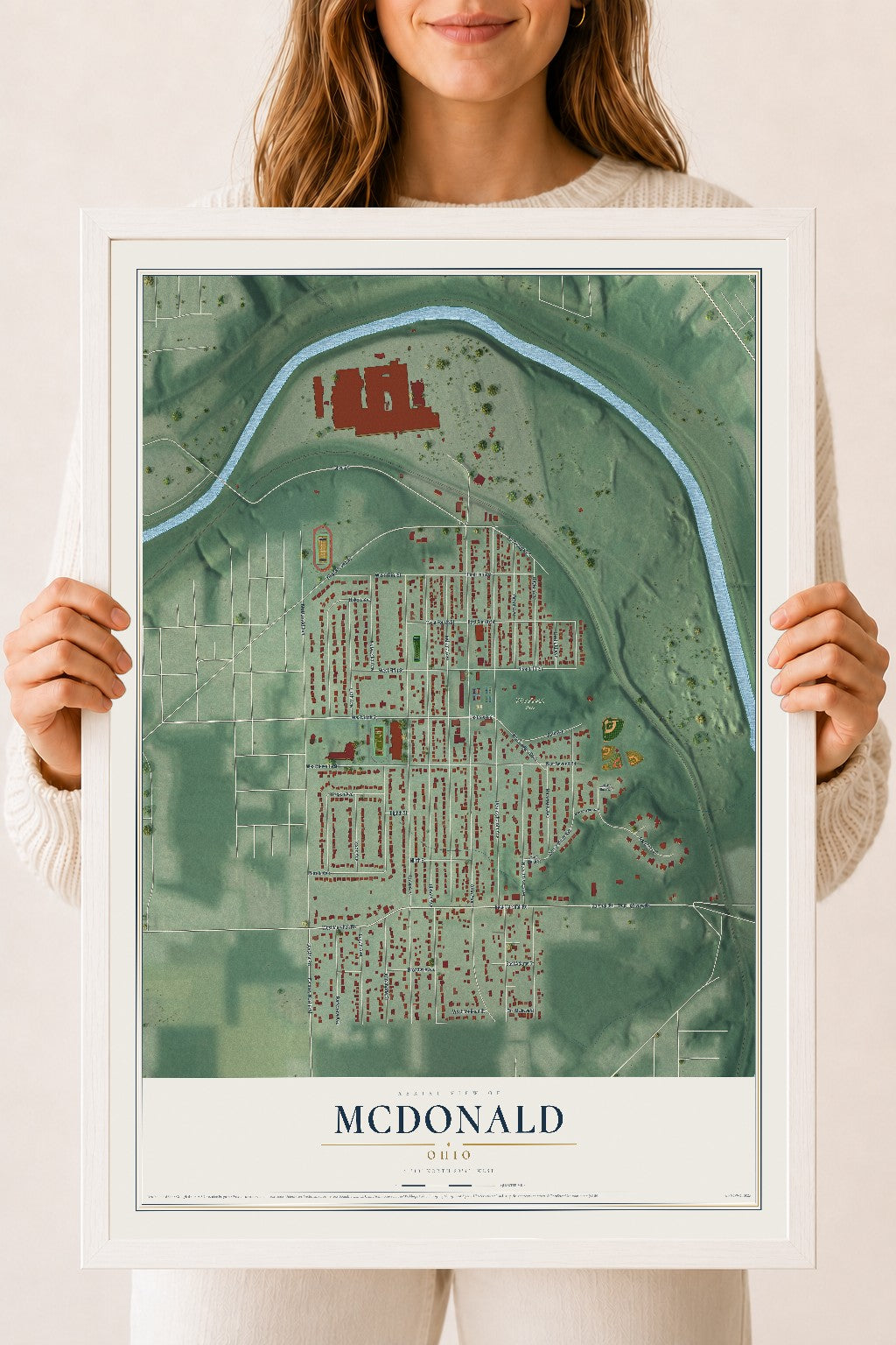 Map of McDonald, Ohio, 18 x 24 inch print in a white wood frame