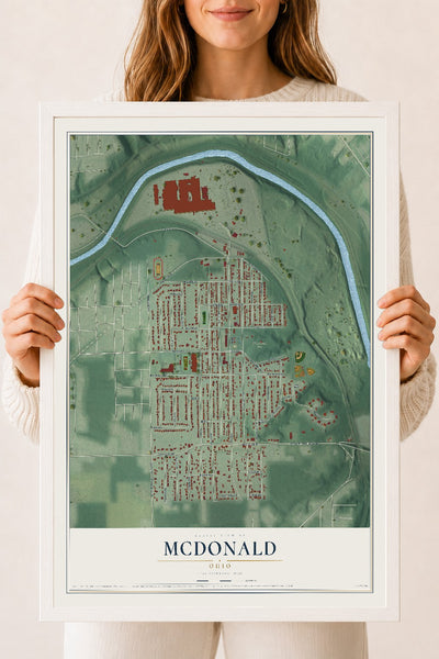 Map of McDonald, Ohio, 18 x 24 inch print in a white wood frame
